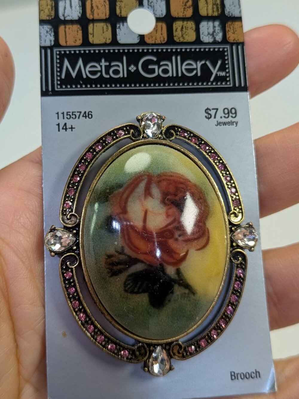 Vintage 2007 Hobby Lobby Metal Gallery Rose Brooch - Pink Rhinestone Cameo Style